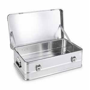 Open 90L-200 low silver box showing bare aluminum interior with no liner or dividers