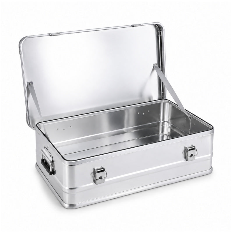 Open 90L-200 low silver box showing bare aluminum interior with no liner or dividers