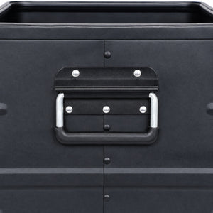 Fold-down side handle and riveted mounting on the black aluminum bin