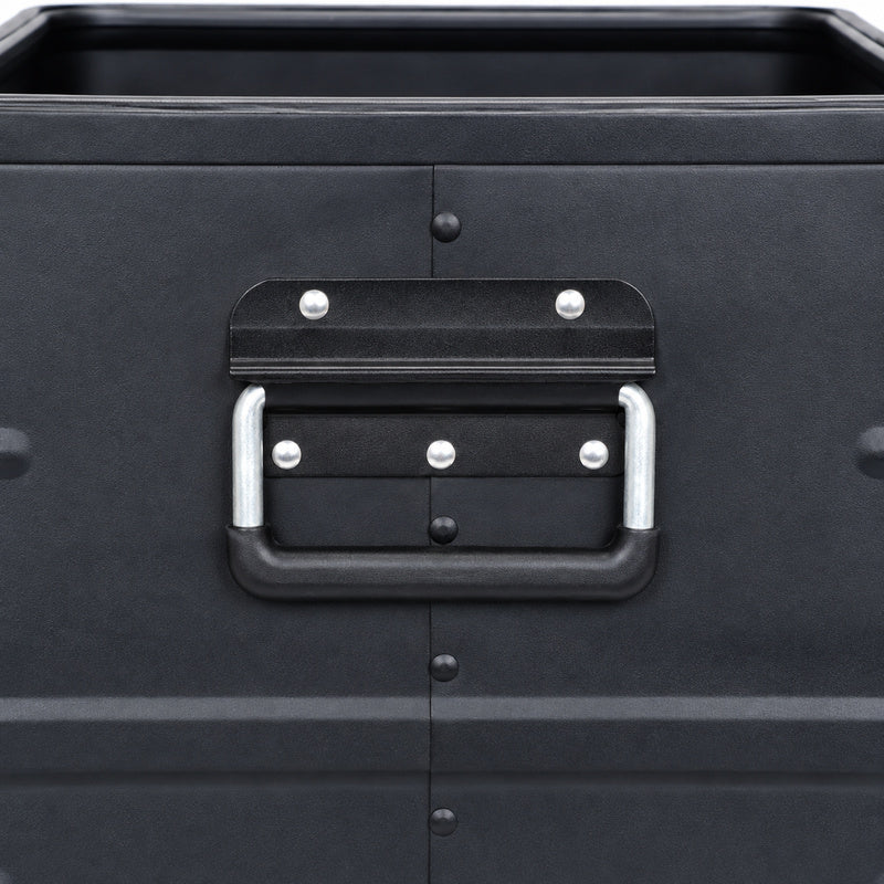Fold-down side handle and riveted mounting on the black aluminum bin