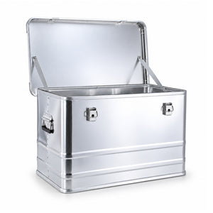Open 90L450 tall silver aluminum box showing empty interior and hinged lid