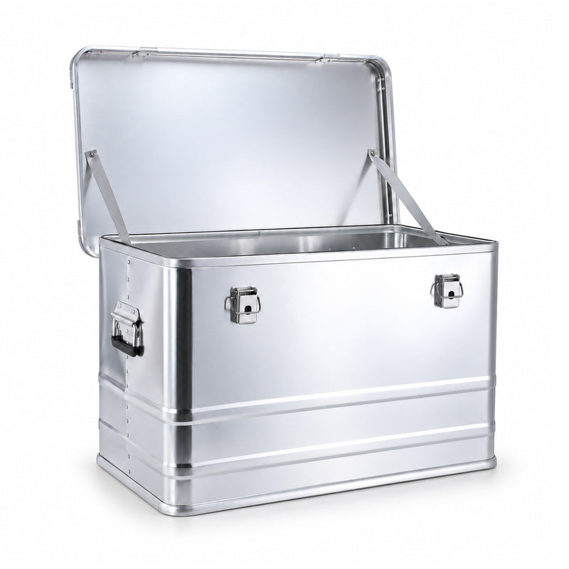Open 90L450 tall silver aluminum box showing empty interior and hinged lid