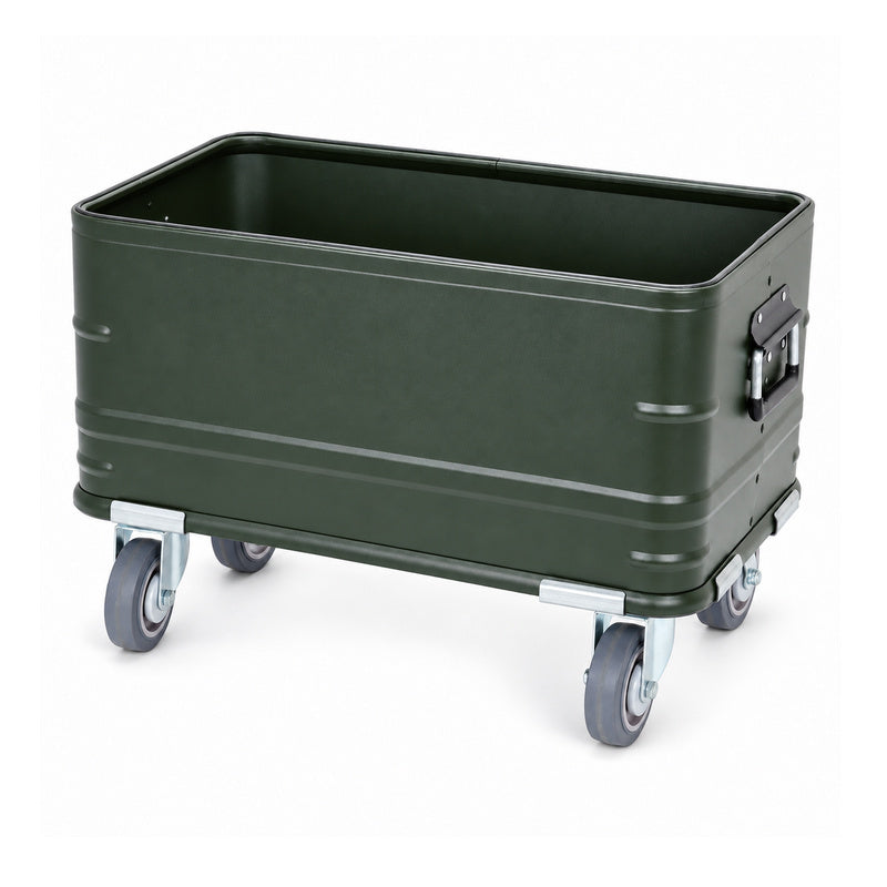 Unlined open interior of the green aluminum storage bin