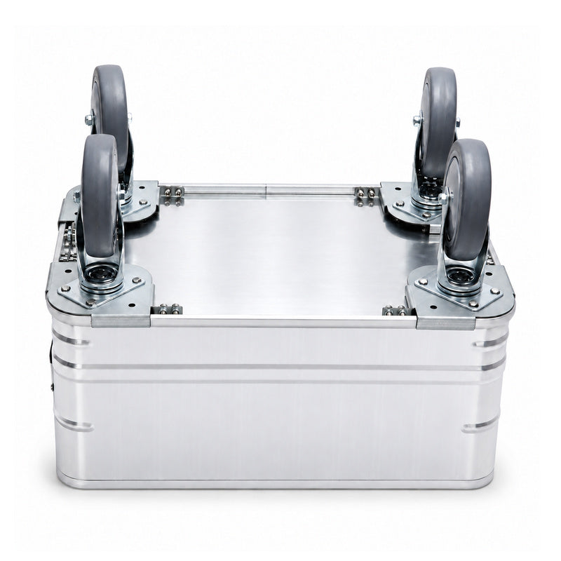 Underside of the silver bin showing four caster assemblies