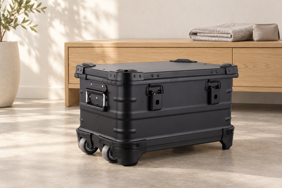 Black aluminum rolling case in a warm neutral storage setting; lifestyle scene, props not included