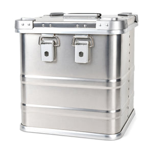 Silver aluminum vinyl record storage box with hinged lid closed, two front latches and folding handle
