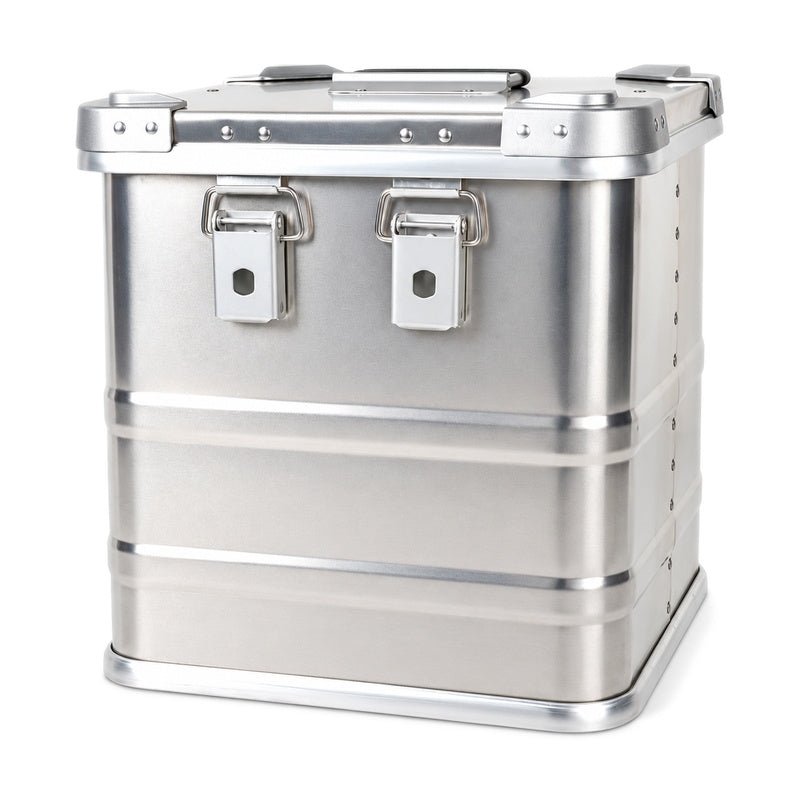 Silver aluminum vinyl record storage box with hinged lid closed, two front latches and folding handle
