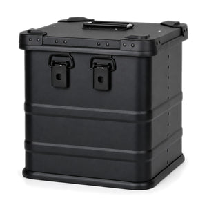 Black aluminum vinyl record storage box with hinged lid closed