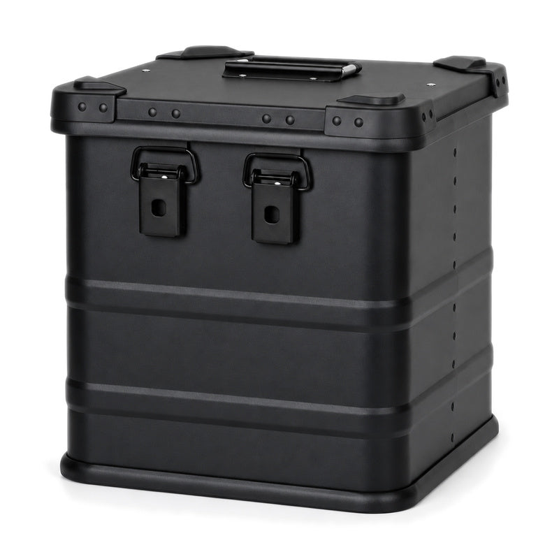 Black aluminum vinyl record storage box with hinged lid closed