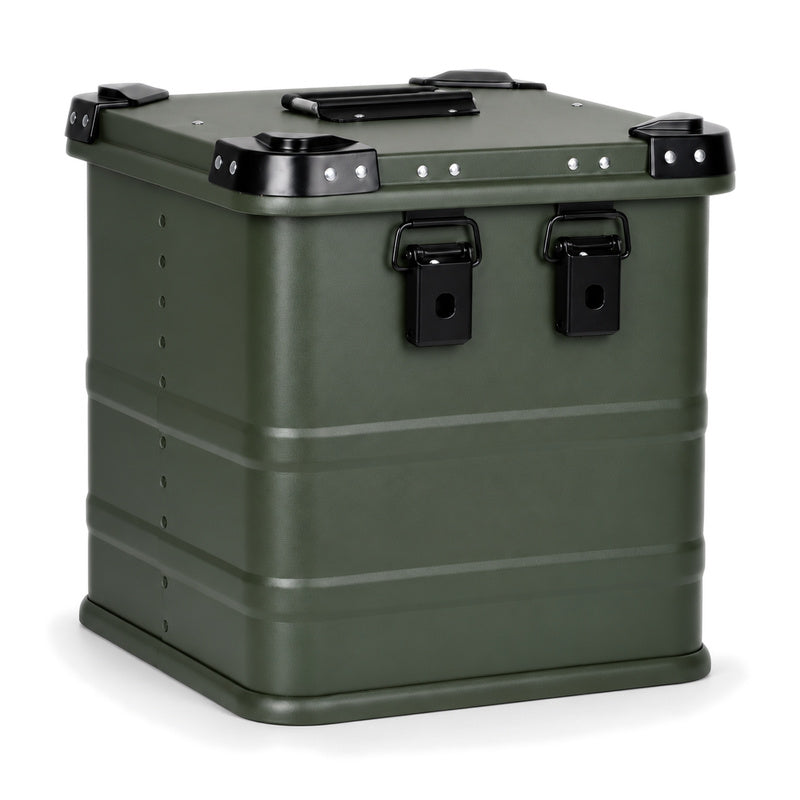 Olive green aluminum vinyl record storage box with black latches and folding top handle