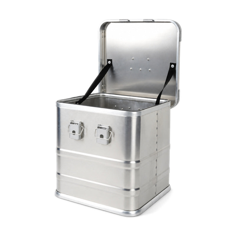 Open silver 345CD vinyl record box showing empty aluminum interior and two lid support straps