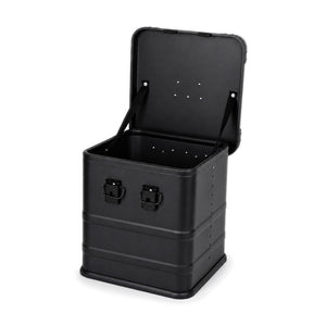 Open black 345CD vinyl record box showing empty interior without foam or dividers