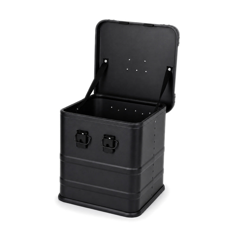 Open black 345CD vinyl record box showing empty interior without foam or dividers