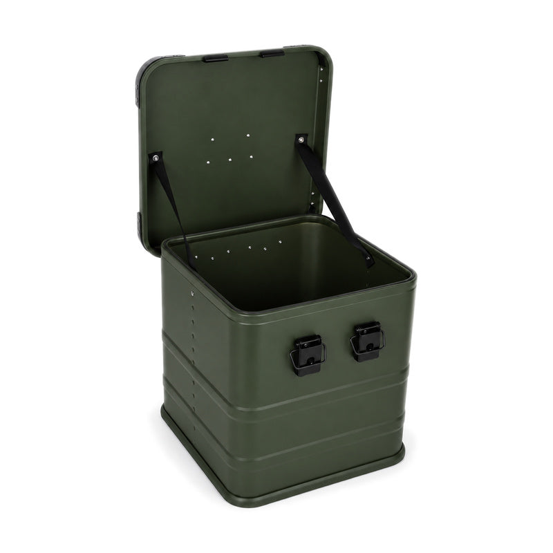 Open olive green 345CD vinyl record box viewed from above, showing empty metal interior