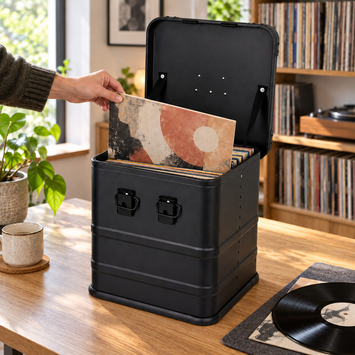 Collector selecting a 12-inch LP jacket from a black aluminum vinyl record storage box; records not included