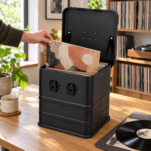 Collector selecting a 12-inch LP jacket from a black aluminum vinyl record storage box; records not included