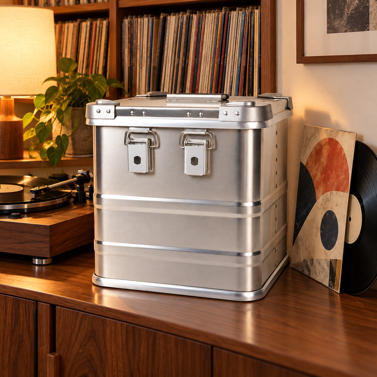 Closed silver aluminum vinyl record box with folding handle beside a turntable and large LP sleeve