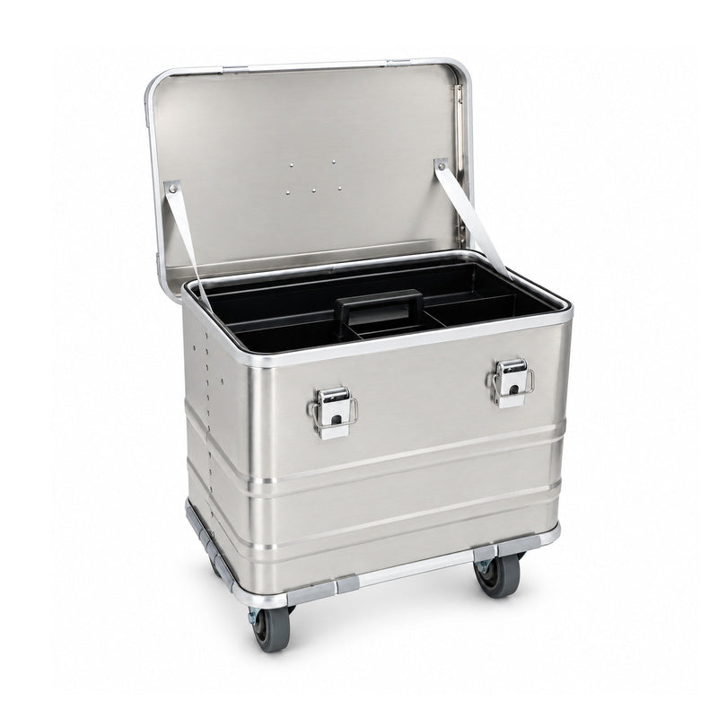 BORY 4935 silver aluminum rolling tool box with removable tray; unbranded exterior