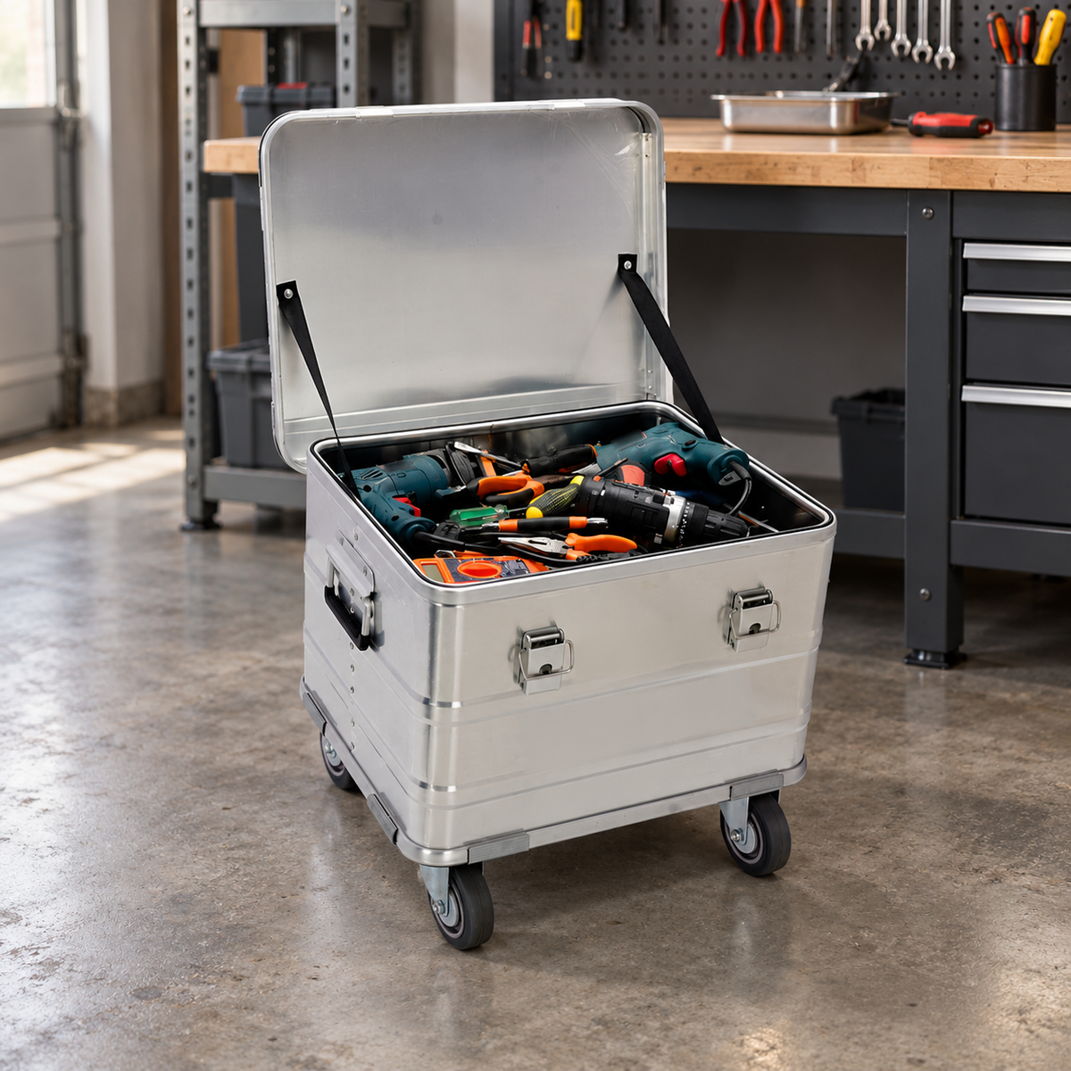 Silver BORY 504030 aluminum storage box with 4-inch casters beside a maintenance workbench; tools shown for illustration only.