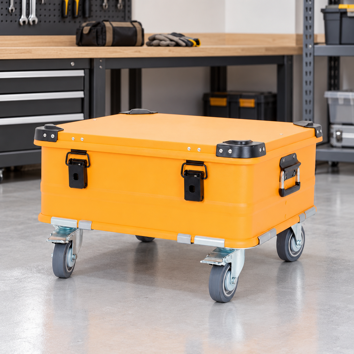 Orange BORY 504020 lidded aluminum storage box on four 4-inch casters at a workshop service station.