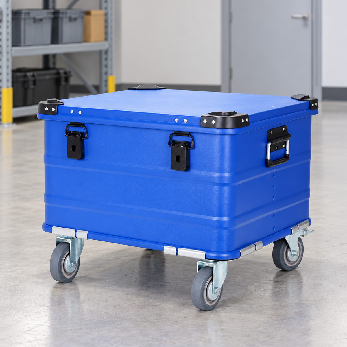Blue BORY 504030 aluminum storage box with a hinged lid and 4-inch casters in a facility maintenance area.