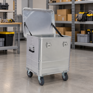 Open silver BORY 504045 aluminum storage box with 4-inch casters in a maintenance supply room; empty interior shown.