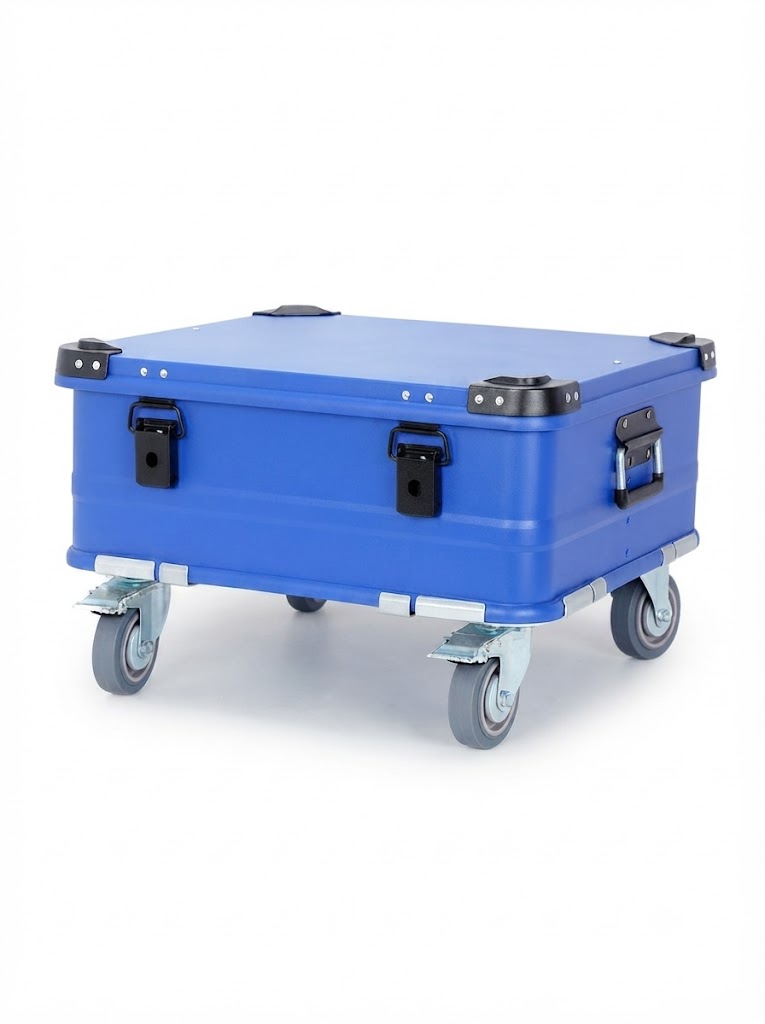 Blue BORY 504020 aluminum storage box with four 4-inch casters, closed lid and two front latches; actual product photo.