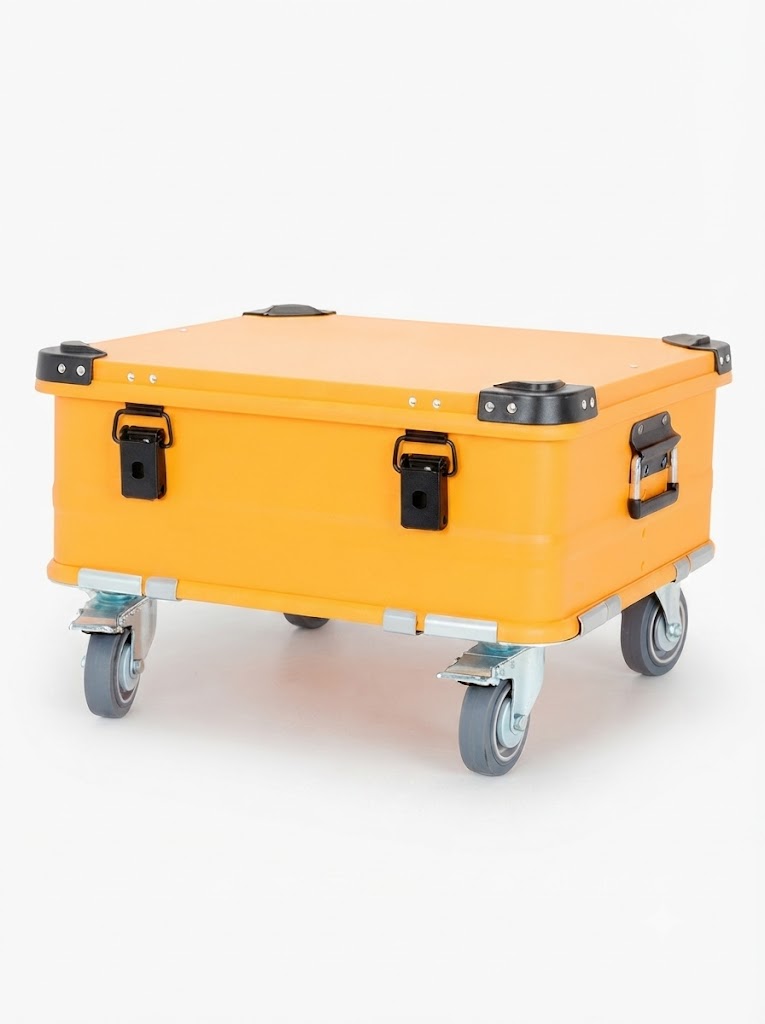 Orange BORY 504020 aluminum storage box with four 4-inch casters, closed lid and two front latches; actual product photo.
