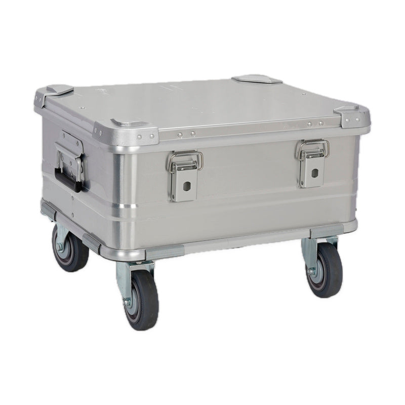 Silver BORY 504020 aluminum storage box with four 4-inch casters, closed lid and two front latches; actual product photo.