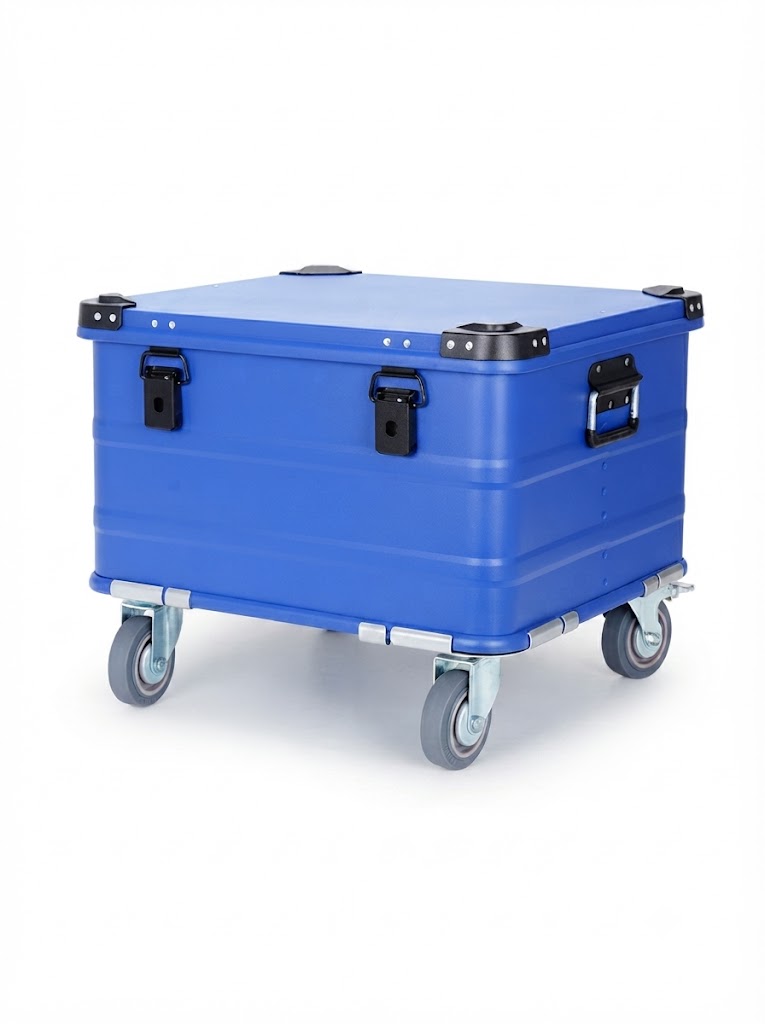 Blue BORY 504030 aluminum storage box with four 4-inch casters, closed lid and two front latches; actual product photo.
