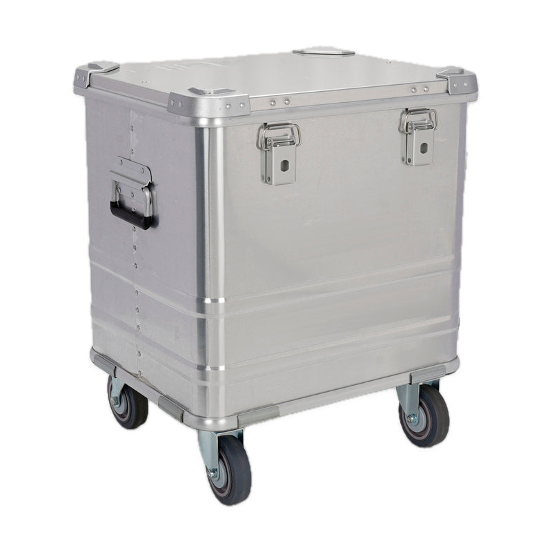 Silver BORY 504045 aluminum storage box with four 4-inch casters, closed lid and two front latches; actual product photo.