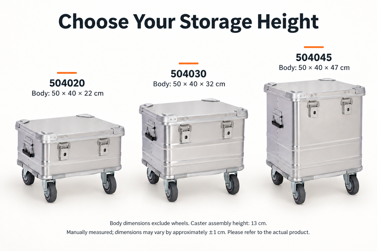 Silver BORY 504020, 504030 and 504045 storage boxes compared: body dimensions 50 × 40 × 22, 32 or 47 cm; wheels add 13 cm. Manual measurements may vary by approximately ±1 cm.