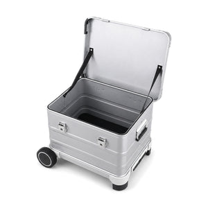 Open 504030 Silver aluminum rolling case showing the empty interior and hinged lid support straps