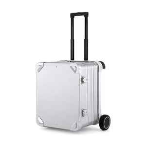 504030 aluminum case standing upright with telescopic trolley handle extended
