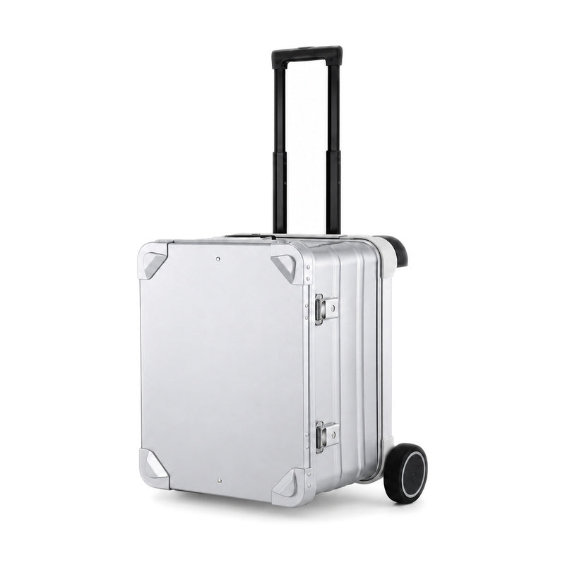 504030 aluminum case standing upright with telescopic trolley handle extended