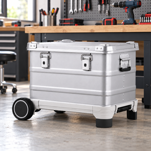 Silver 504030 aluminum rolling equipment case beside a workshop tool bench; tools not included