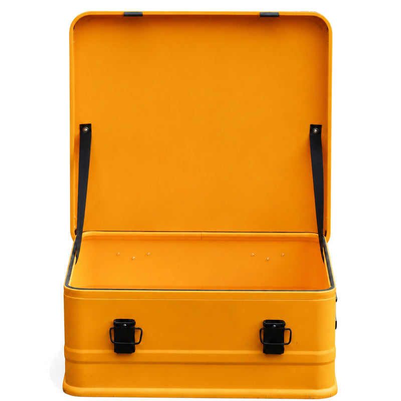 Open orange BORY 565020 shallow aluminum case with empty interior and lid stay straps