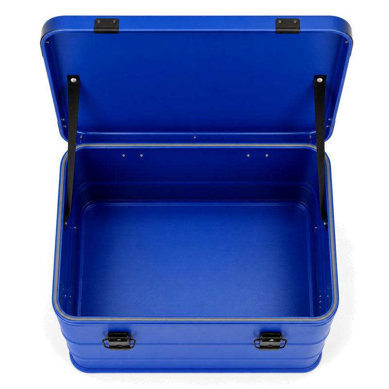 Open blue BORY 565030 aluminum case showing an empty interior without foam or dividers