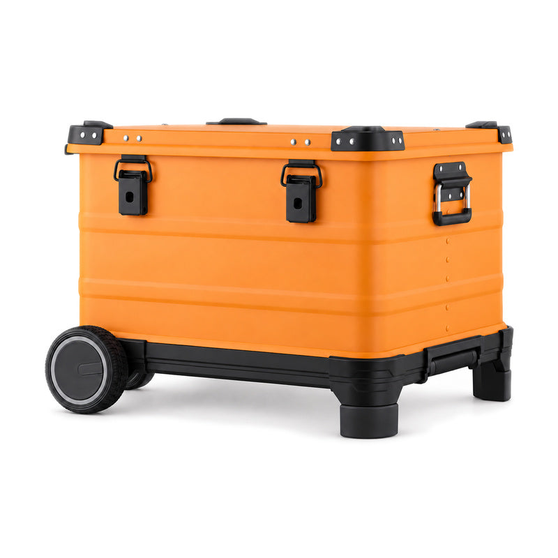 565030 Sand Orange aluminum rolling tool case with black latches, wheel base and support feet