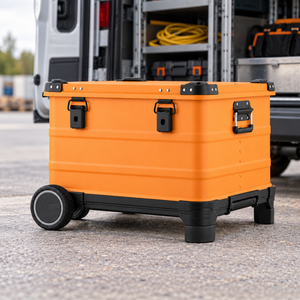 Sand Orange 565030 rolling equipment case beside a service van for preparing tools; accessories not included