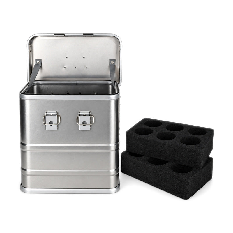 BORY silver aluminum six-bottle wine case with the included removable foam inserts
