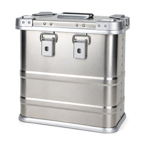 Silver BORY six-bottle aluminum wine case with top carry handle and two front latches