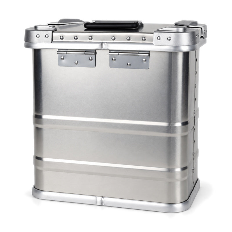 Rear view of the silver aluminum wine case showing hinges and carry handle