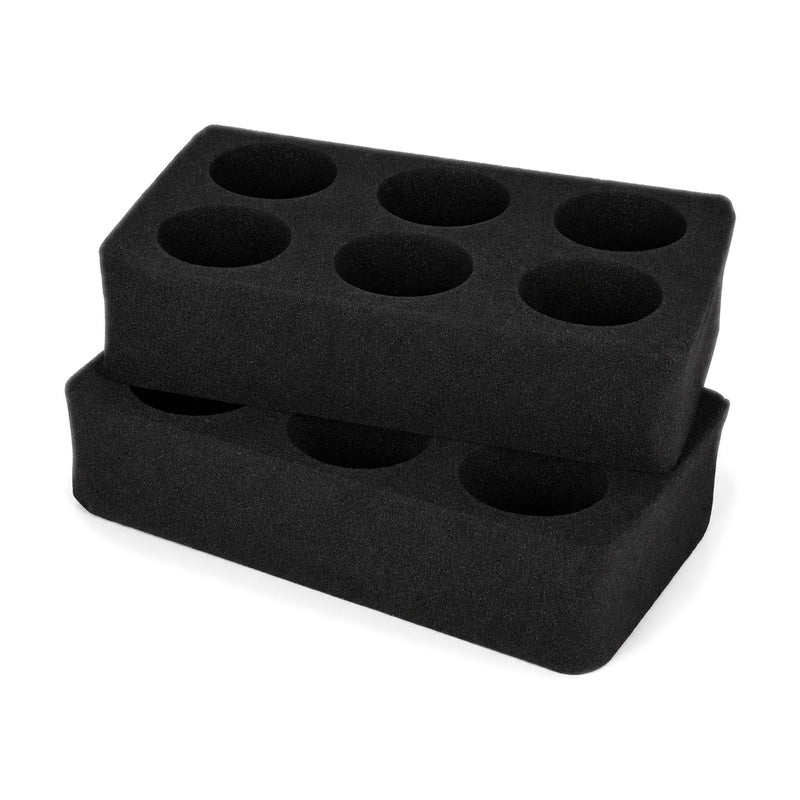 Two removable black foam sections with six bottle openings
