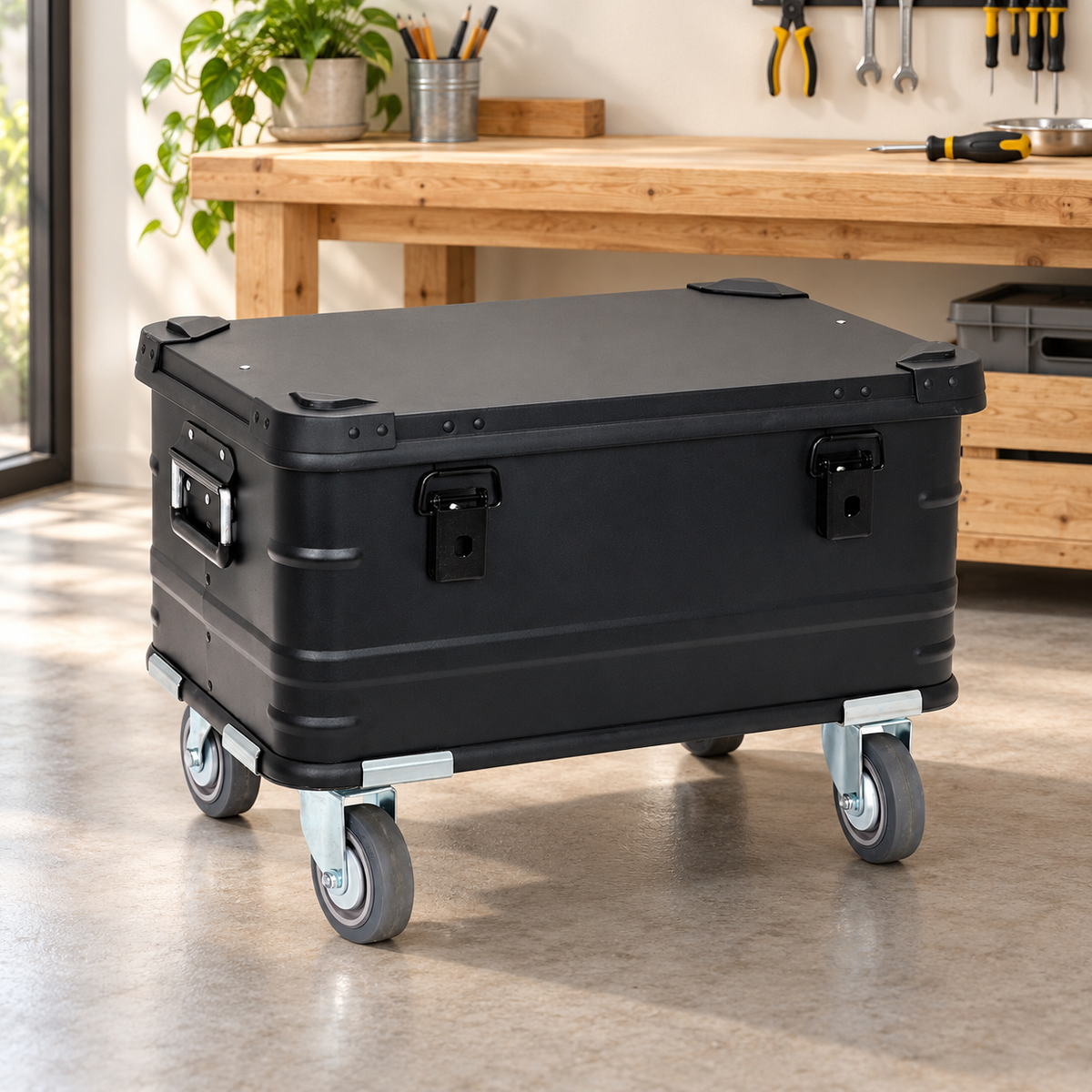 Black aluminum rolling storage trunk beside a household DIY workbench; tools and furniture not included