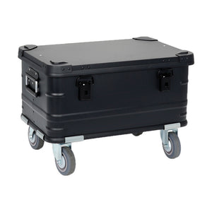Black BORY 60L-series aluminum storage trunk with four-inch casters and two front latches
