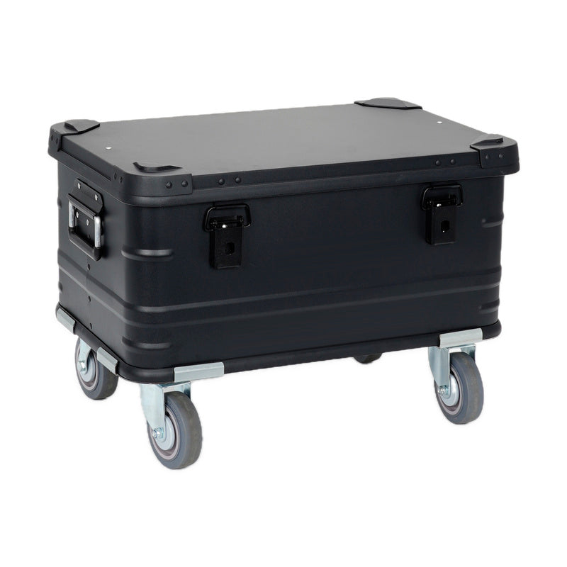 Black BORY 60L-series aluminum storage trunk with four-inch casters and two front latches