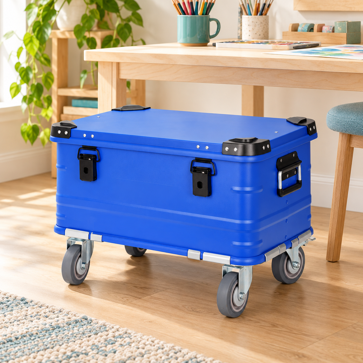 Sapphire blue BORY 60L-series aluminum rolling storage trunk beside a home craft desk; scene props not included