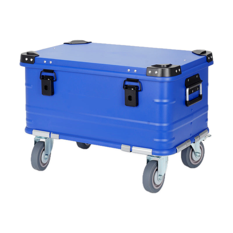 Sapphire blue BORY 60L-series aluminum rolling storage trunk, closed three-quarter view