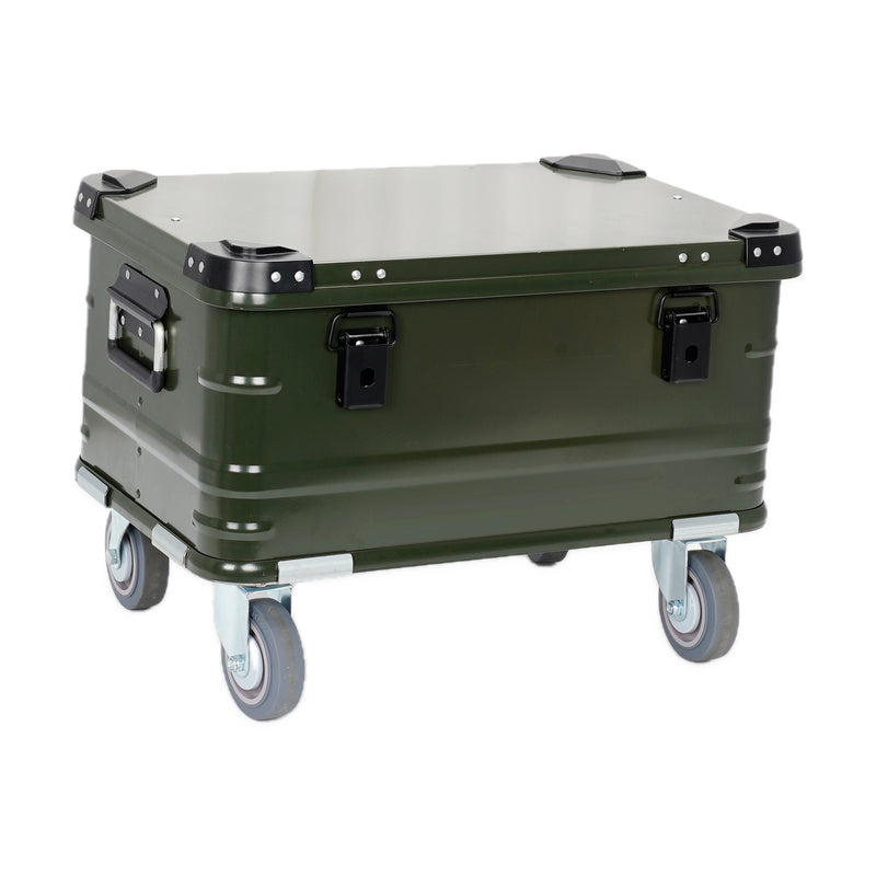 Green BORY 60L-series aluminum rolling storage trunk, closed three-quarter view